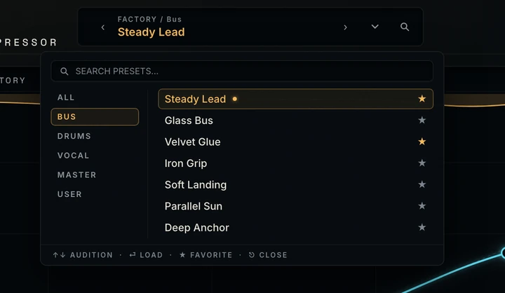 Gravitywell preset browser dropdown, detail — reference render