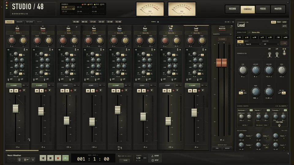 Studio 48 Console view: eight channel strips with gain, pan, EQ and faders, the stereo master, VU meters on the meter bridge, and the channel inspector