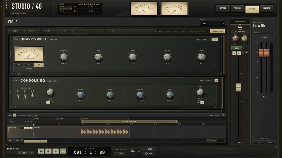 Studio 48 Focus view: Gravitywell Compressor and Console EQ faceplates stacked in signal order above the Lead track lane