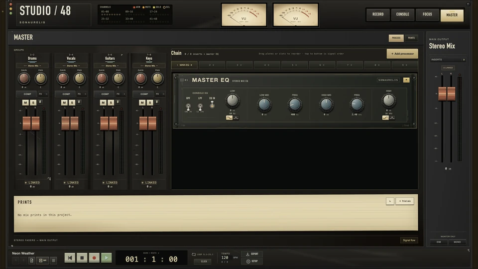 Studio 48 Master view: four stereo group strips, the Master EQ faceplate in the master chain, and the prints panel