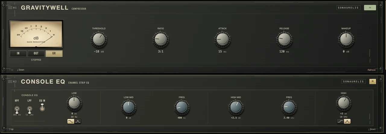 Gravitywell Compressor faceplate with its gain-reduction meter and five knobs, stacked above the Console EQ faceplate with filters and four bands