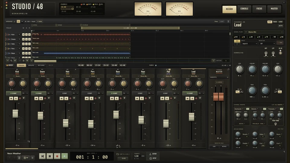 Studio 48 Record view: arrangement of eight tracks above the channel strips, with the channel inspector at right